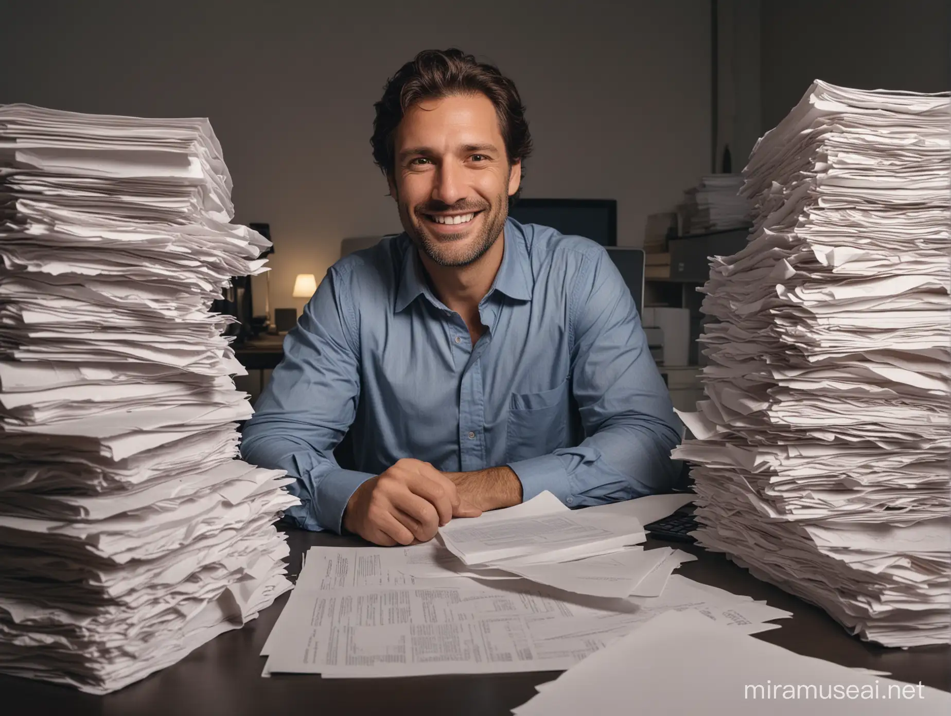 A 40 year old man sitting at work at his desk. Piles of paper fills the desktop. It's late and dark outside. He is happy.