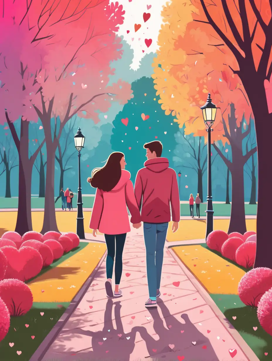 a young couple in love walking in park, colorful Valentine's design