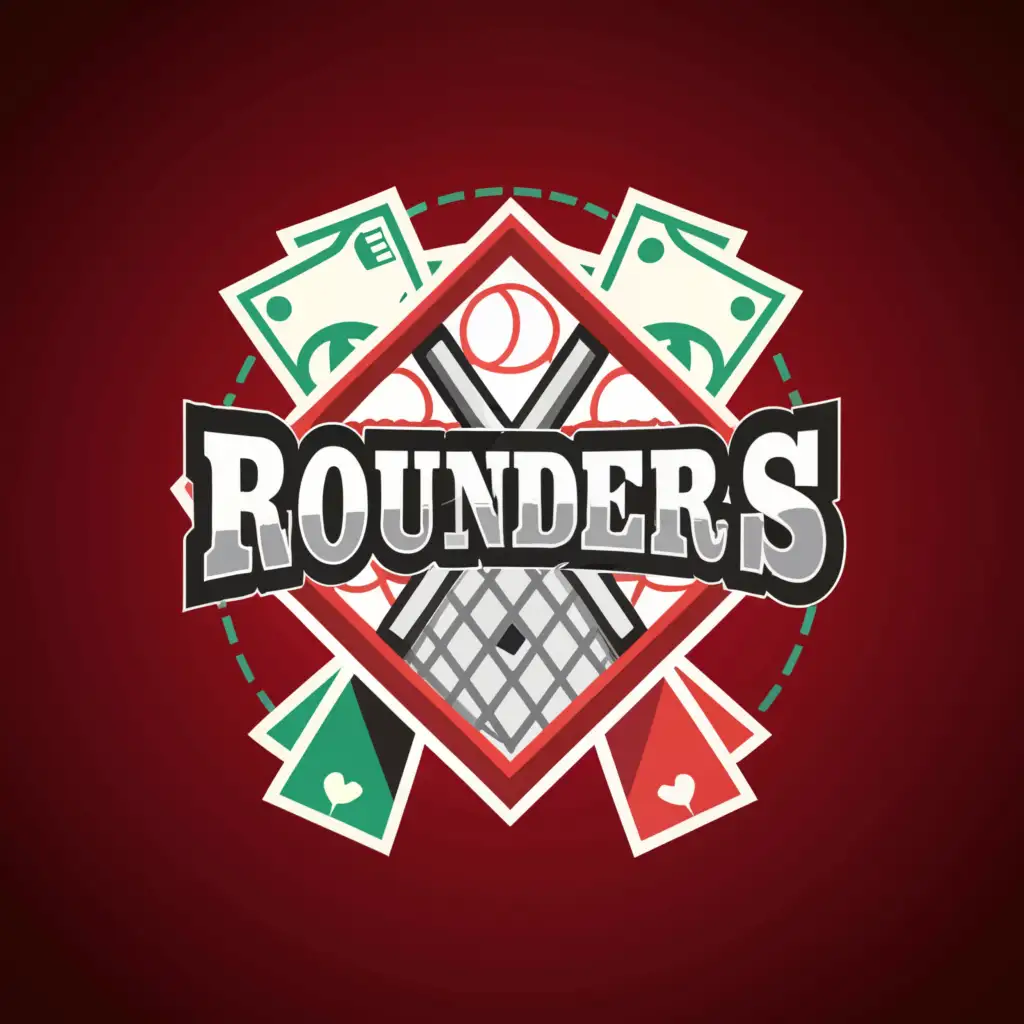 a logo design,with the text "Rounders", main symbol:Baseball diamond, Playing cards, Money,Moderate,be used in Sports Fitness industry,clear background