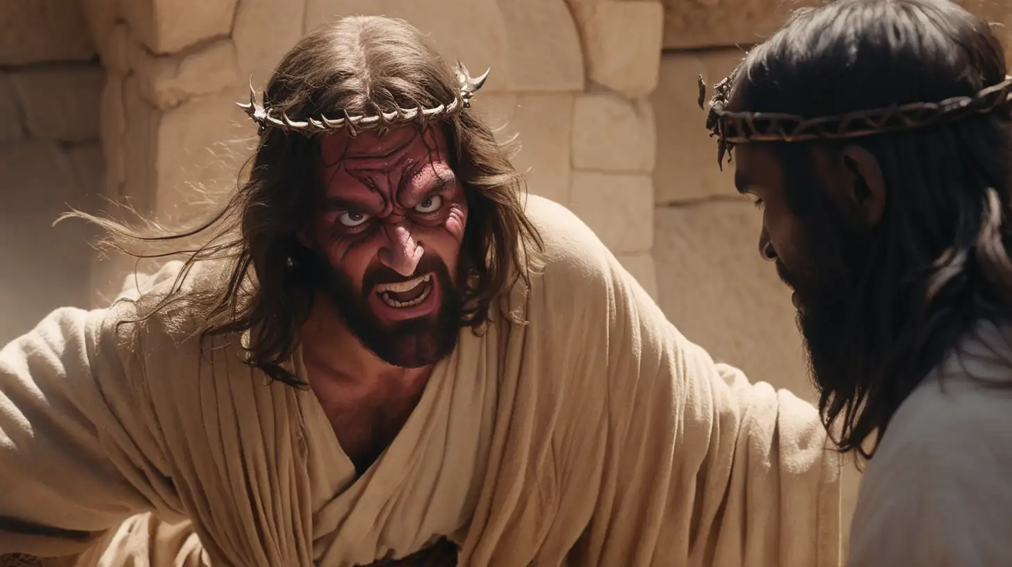 close up image, a man possessed by a demon meets Jesus as he comes out of the tombs.