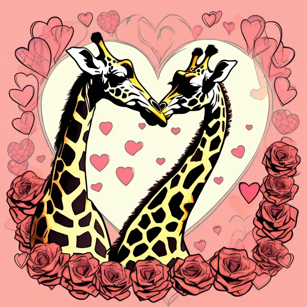 Two giraffes cuddling on valentines day (comic style)