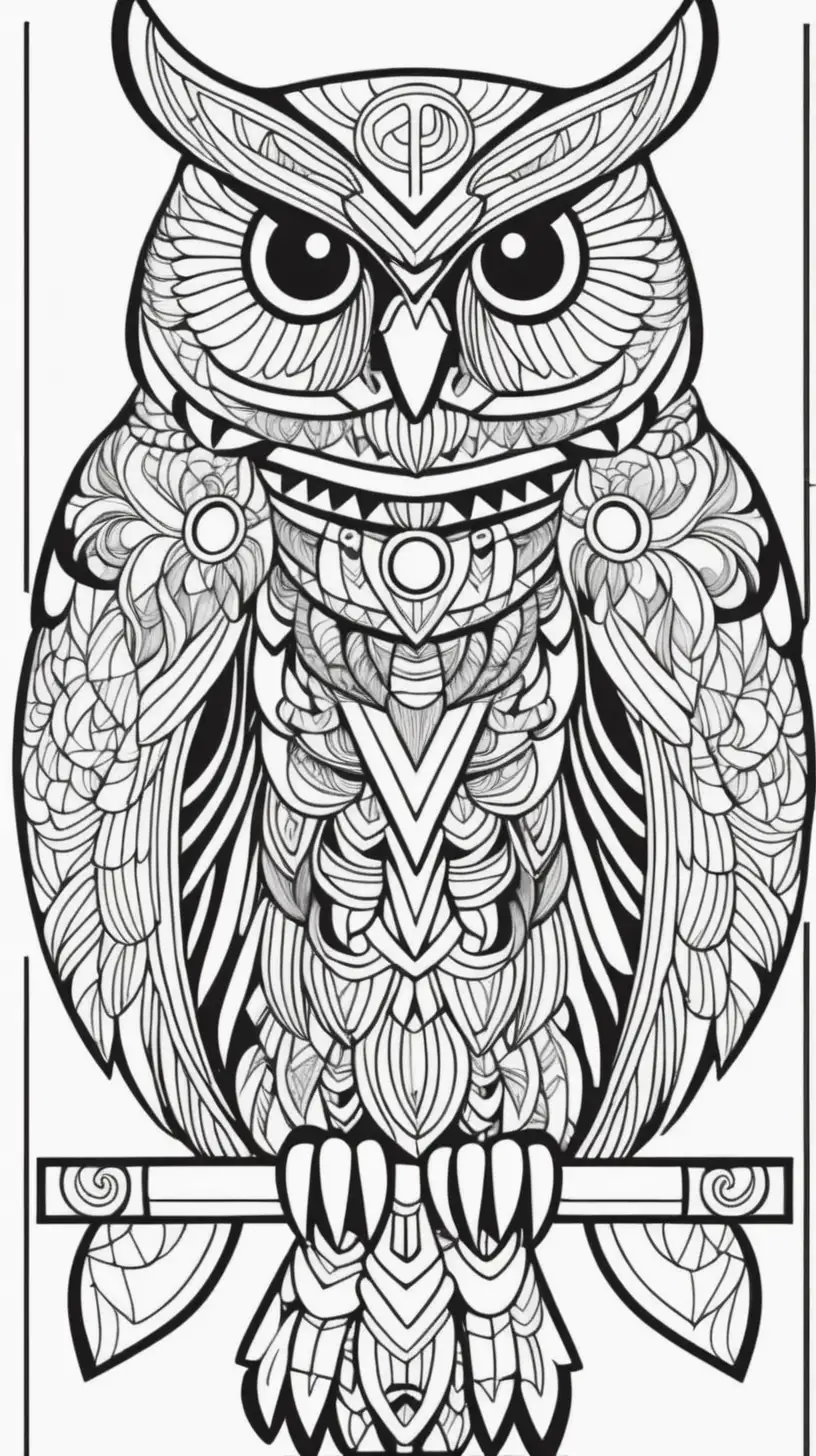 Owl totem representing intuition and mystery, inspired by various tribes across North America, coloring book image, clean thick black lines