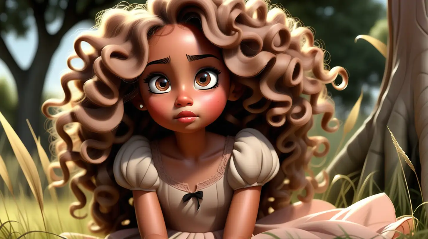 A beautiful 7 year old girl, cute, light brown skin, big hazel eyes long black eyelashes, blush,beautiful lips, round face,sitting under a tree, watching tall grass swaying, extremely long brown detailed curly hair, dress, disney style, cartoon character, pensive, sun light shining on her face, sky, clouds, serious fierce face, looking forward