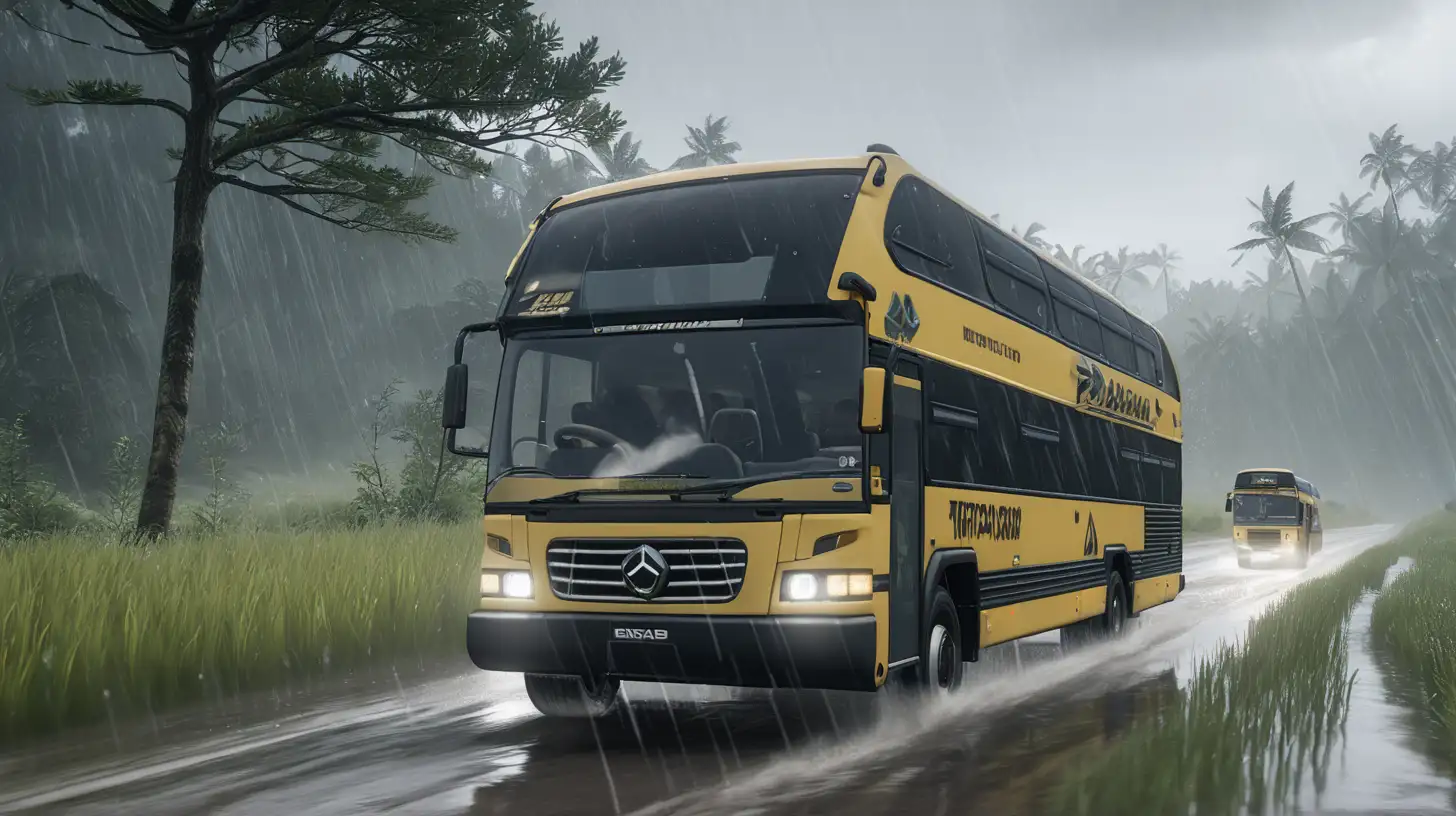 the player bus is in the typhoon offroad and meadows environment, showing the rain and typhoon in this image, showing realistic offroad bus driving in typhoon
