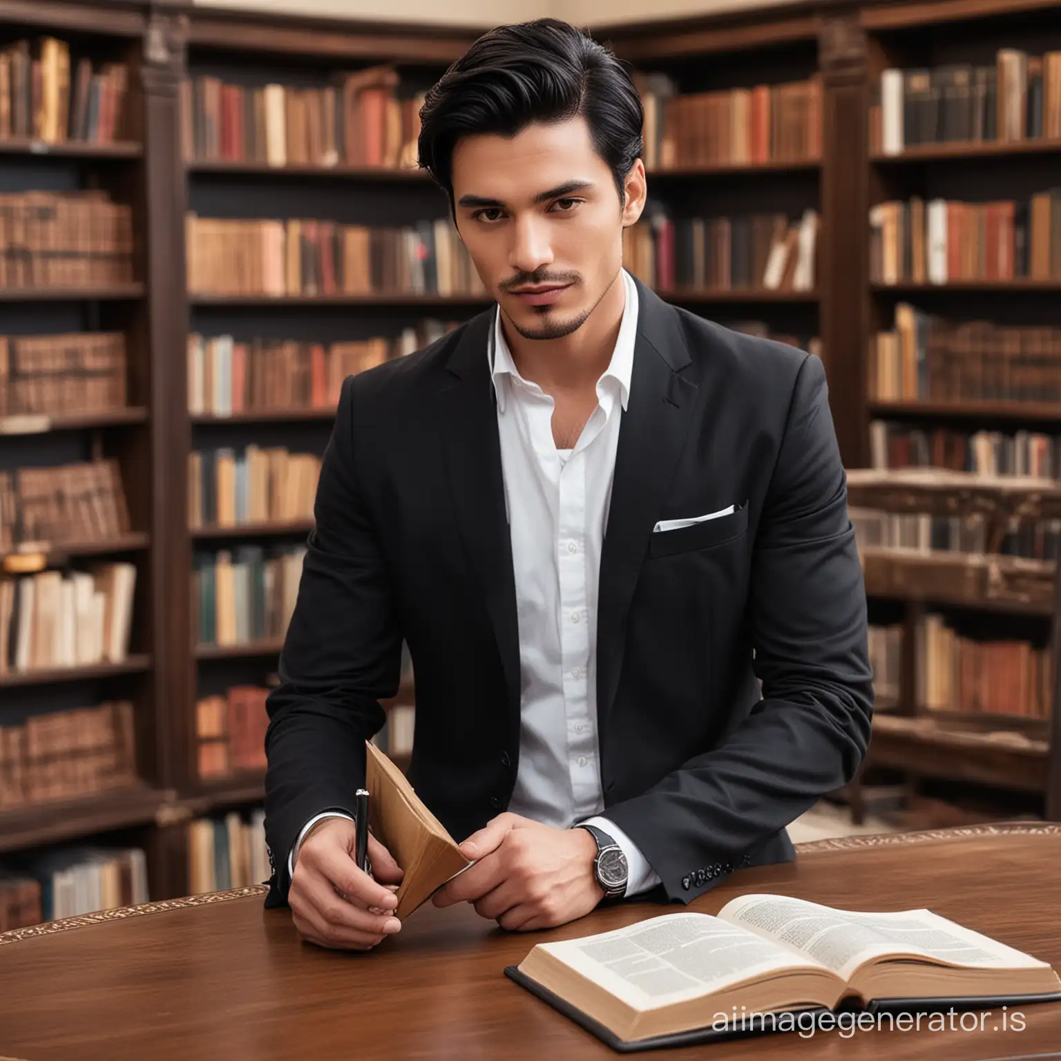 A thin handsome black hair man with a book on hand in  luxury library