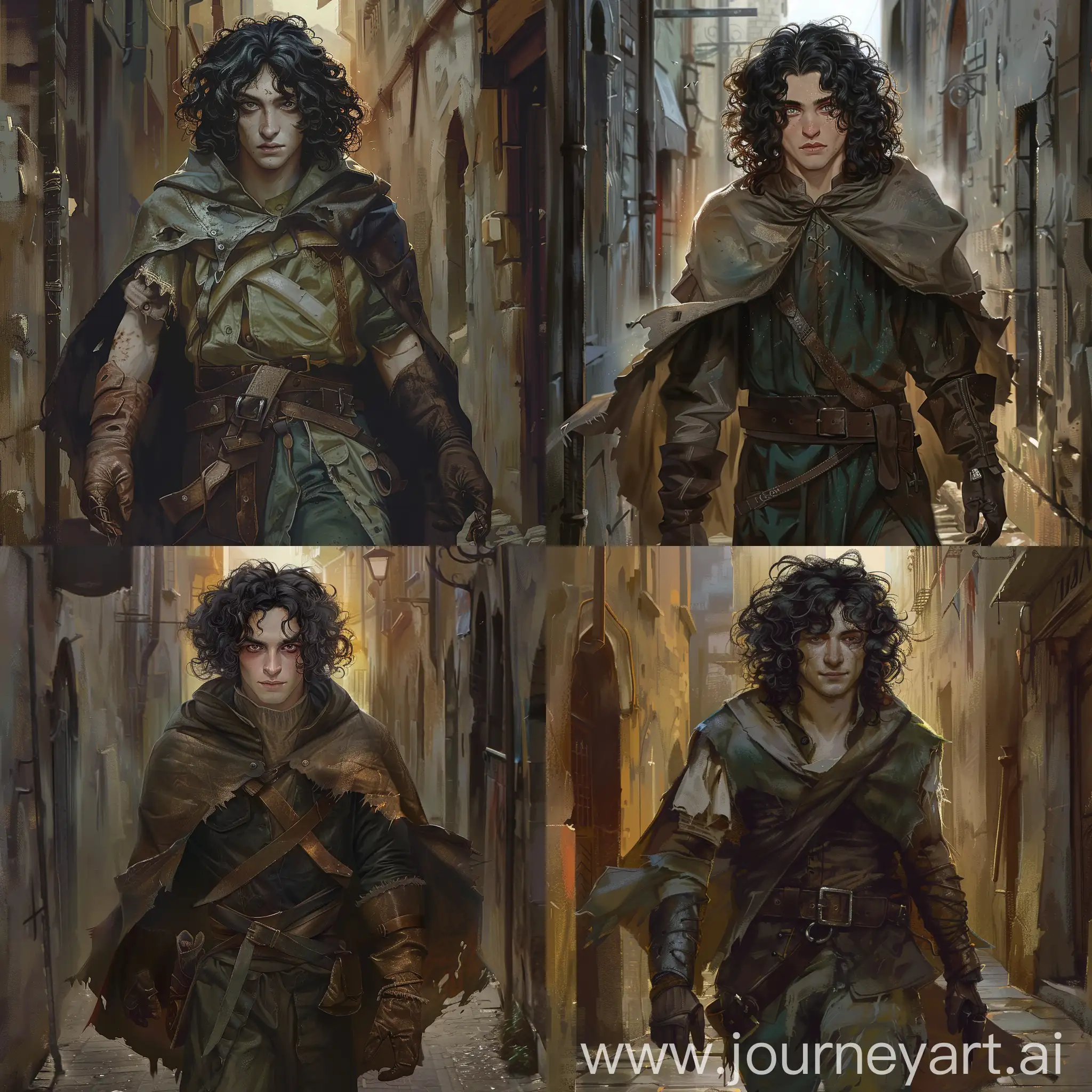 Draw a realistic art of a character from the Dungeons and Dragons universe according to the following description: He is a 20 years old human male artificer with over the shoulder length black curly hair and dark grey eyes. He has pale white skin, and a very slim tall build. His young face is clean shaven.
He wears an old leather poncho and long brown leather gloves over a cheap green working clothes. 
His clothes and face are dirty with grime from his hard work. 
He is making his way through an alley with a sun setting.