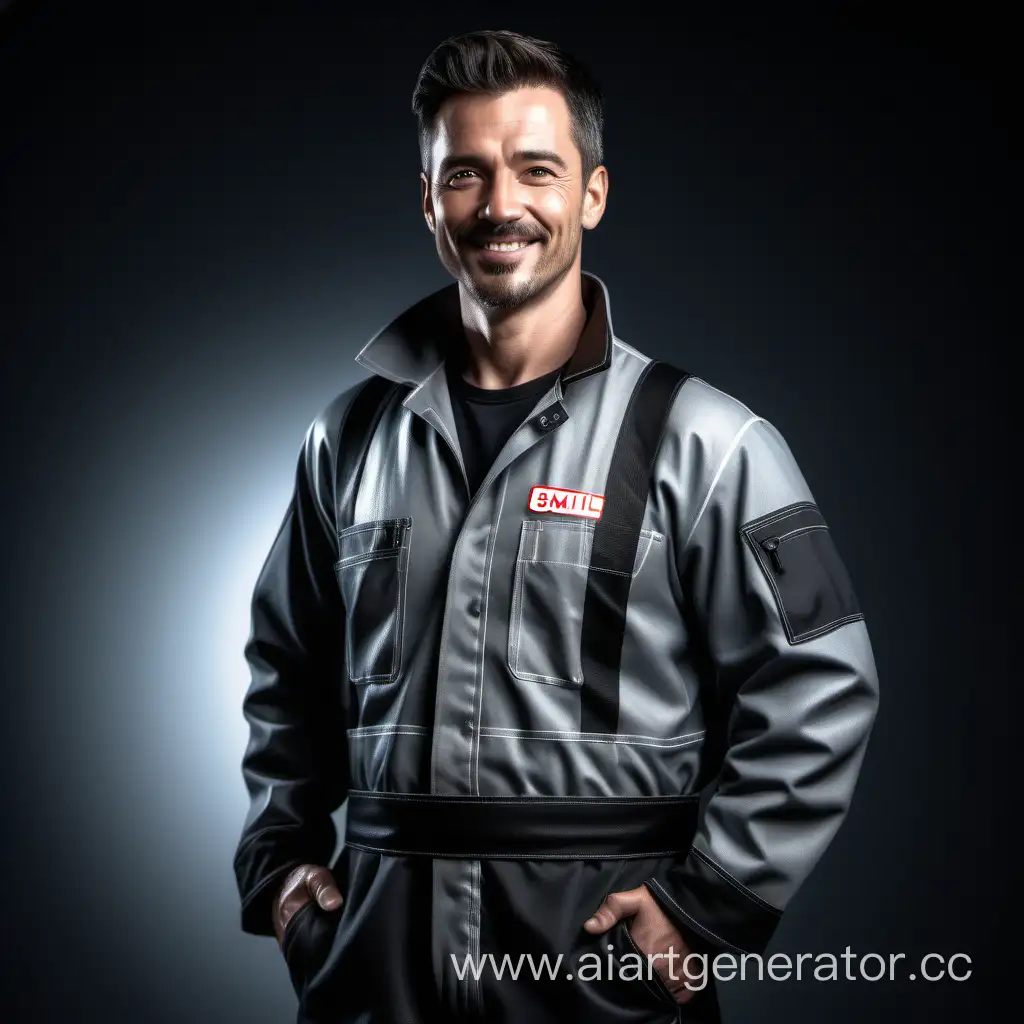 strong 30 years old man, smile, full length, half-profile view, wearing beautiful highly insulated black and grey workwear, 
 cinematic, beautiful, elegant, atmospheric，RAW Photo, dynamic composition, G-Master Lens, Photorealistic, Hyperrealistic, Hyperdetailed, natural light, soft lighting, masterpiece, best quality, ultra realistic, 8k, Intricate, High Detail in julie bell style