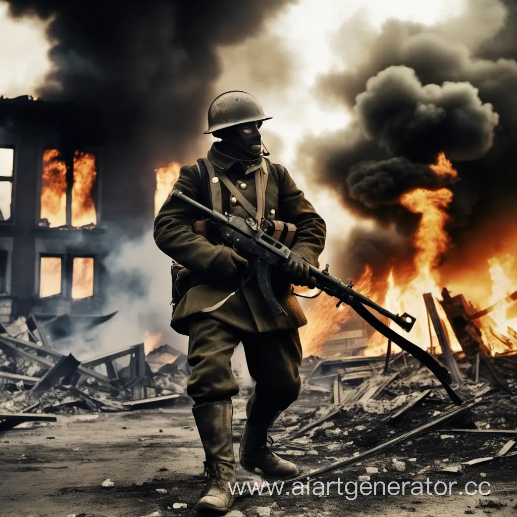Солдат в сверхтяжёлой броне с огнемётом. Вокруг здания в огне и разрухе. Первая мировая война. 