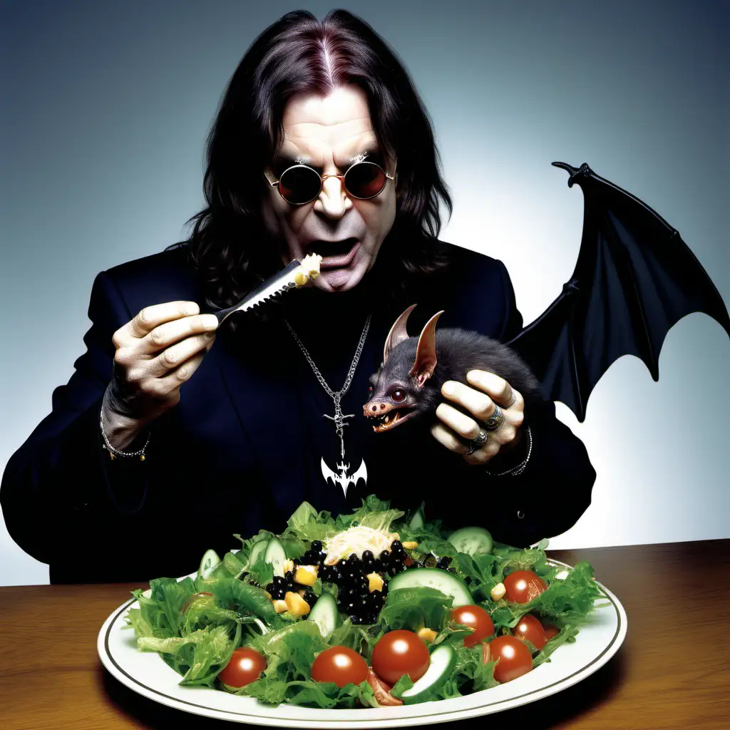 ozzy osbourne eating a salad with a bat on top