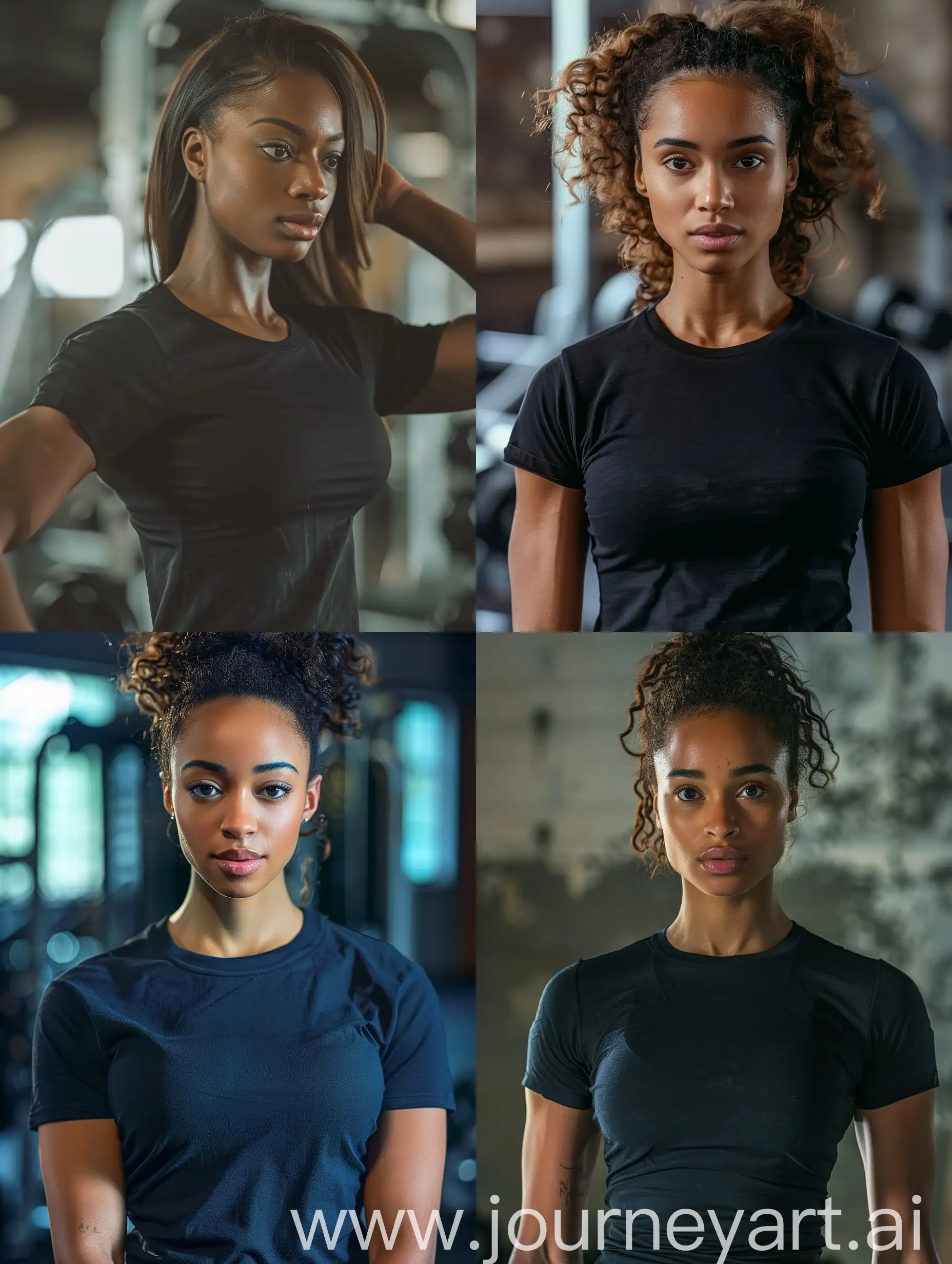 A cinematic, ultra realistic, high resolution photo, of a beautiful african american woman, mid-20s, very nice physique, not too lean, wearing a black cotton t-shirt, working out in the gym