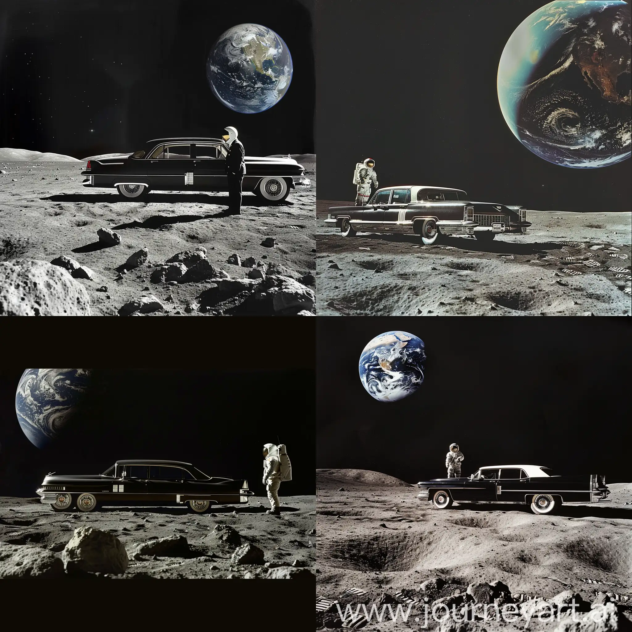 A man on the moon stares at planet Earth next to his ar, Cadillac Fleetwood 