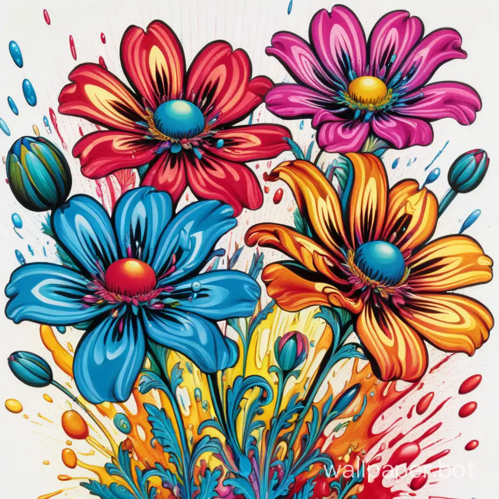 explosive flowers, pop art poster, polychromatic, ornamental, obey, fluid painting, white background