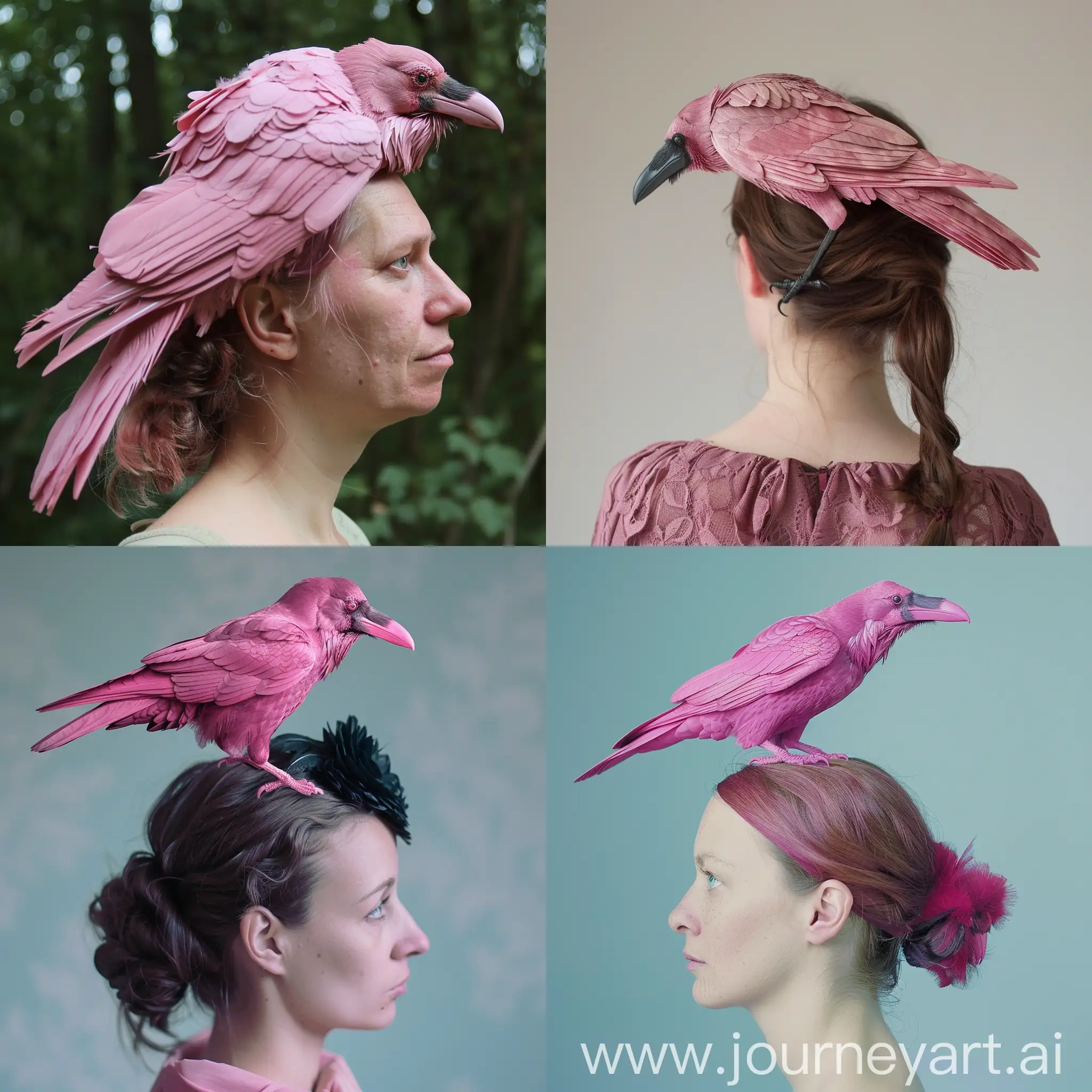 A pink raven on a woman's head