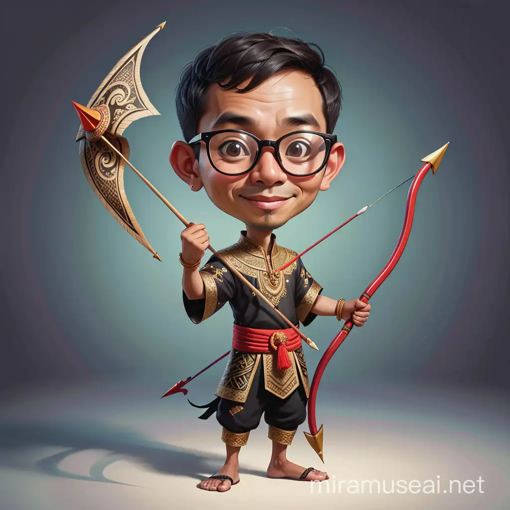 Indonesian Man in Wayang Costume Holding Arrow Realistic Caricature Portrait