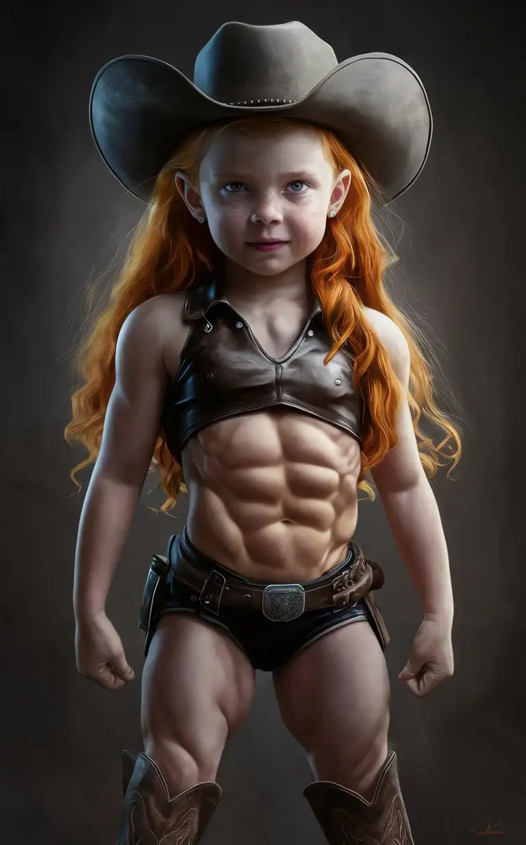 8 years old girl, long ginger hair, muscular abs, leather, cowboy hat