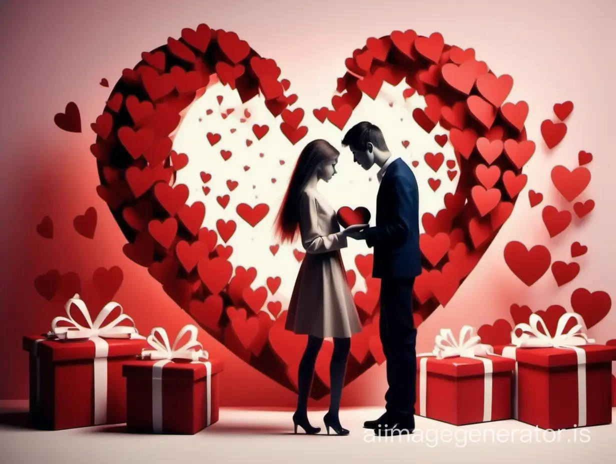 Lovers against the backdrop of hearts exchange gifts