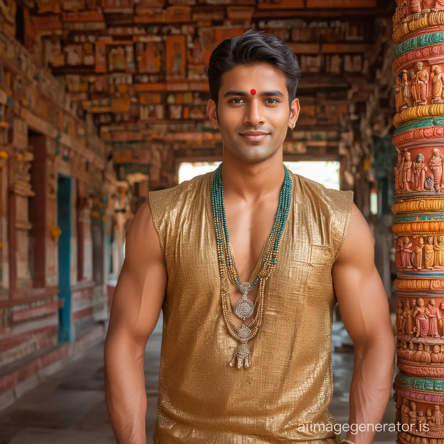 Handsome man in short hair standing in colorful Radha Krishna Temple