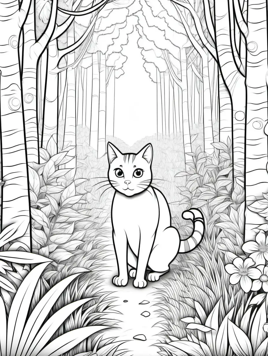 colouring page of A curious cat exploring a lush forest filled with tall trees and flowers