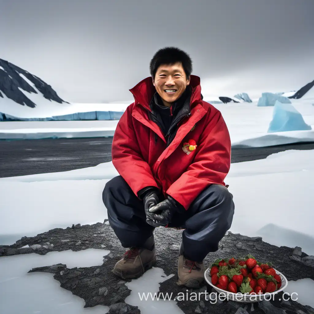 Темнокожий китаец в теплой куртке в антарктиде сидит на корточках улыбается а слева от него клубника которая давно сгнила при таком холодном климате