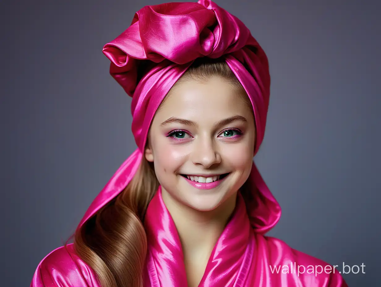 Yulia Lipnitskaya smiles beautifully with long hair in a silk robe of fuchsia pink with a pink silk towel turban on her head