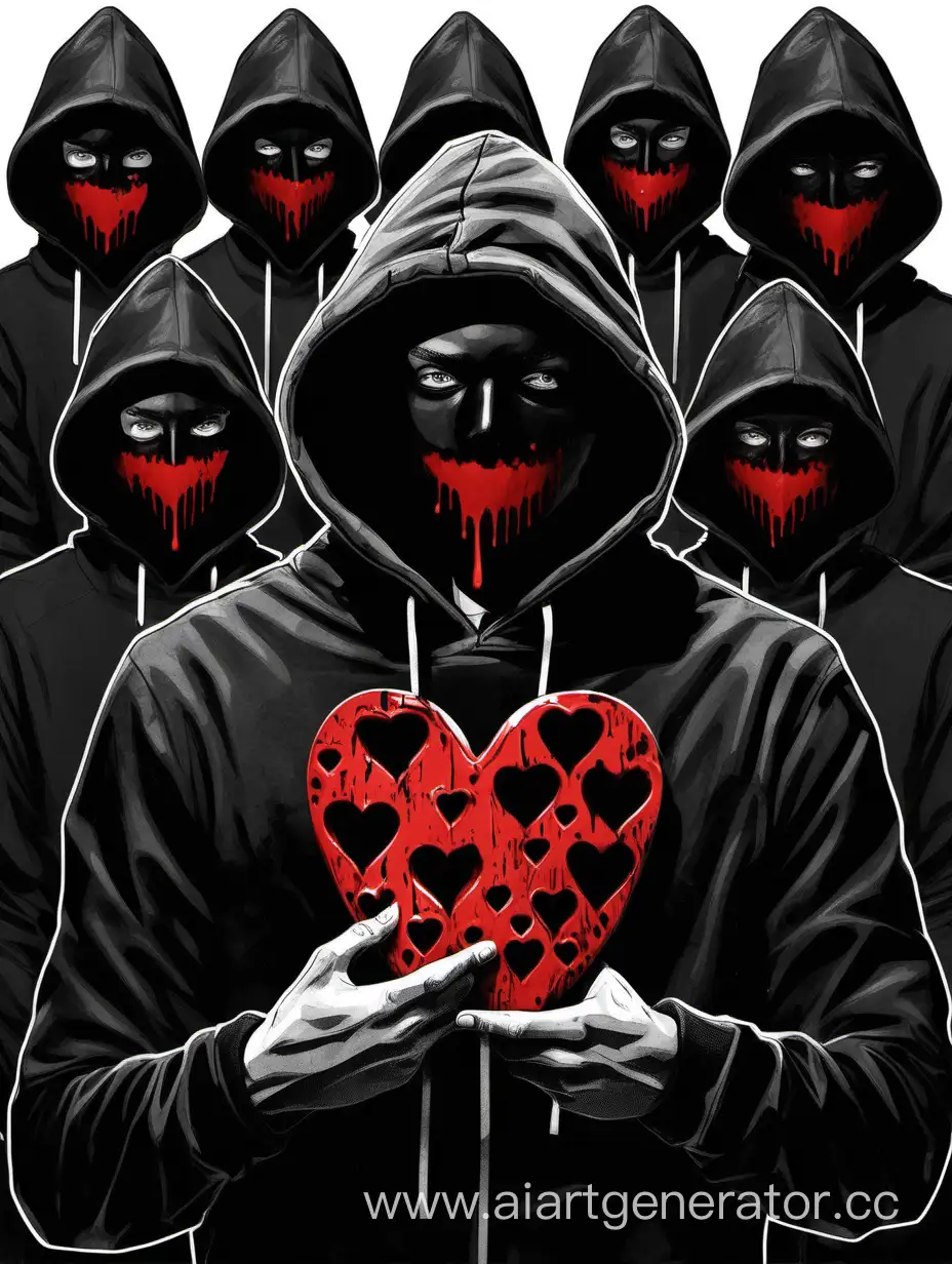 A young man in a black hood holds black masks in front of his face depicting different emotions, hes hold blood heart, high detail.