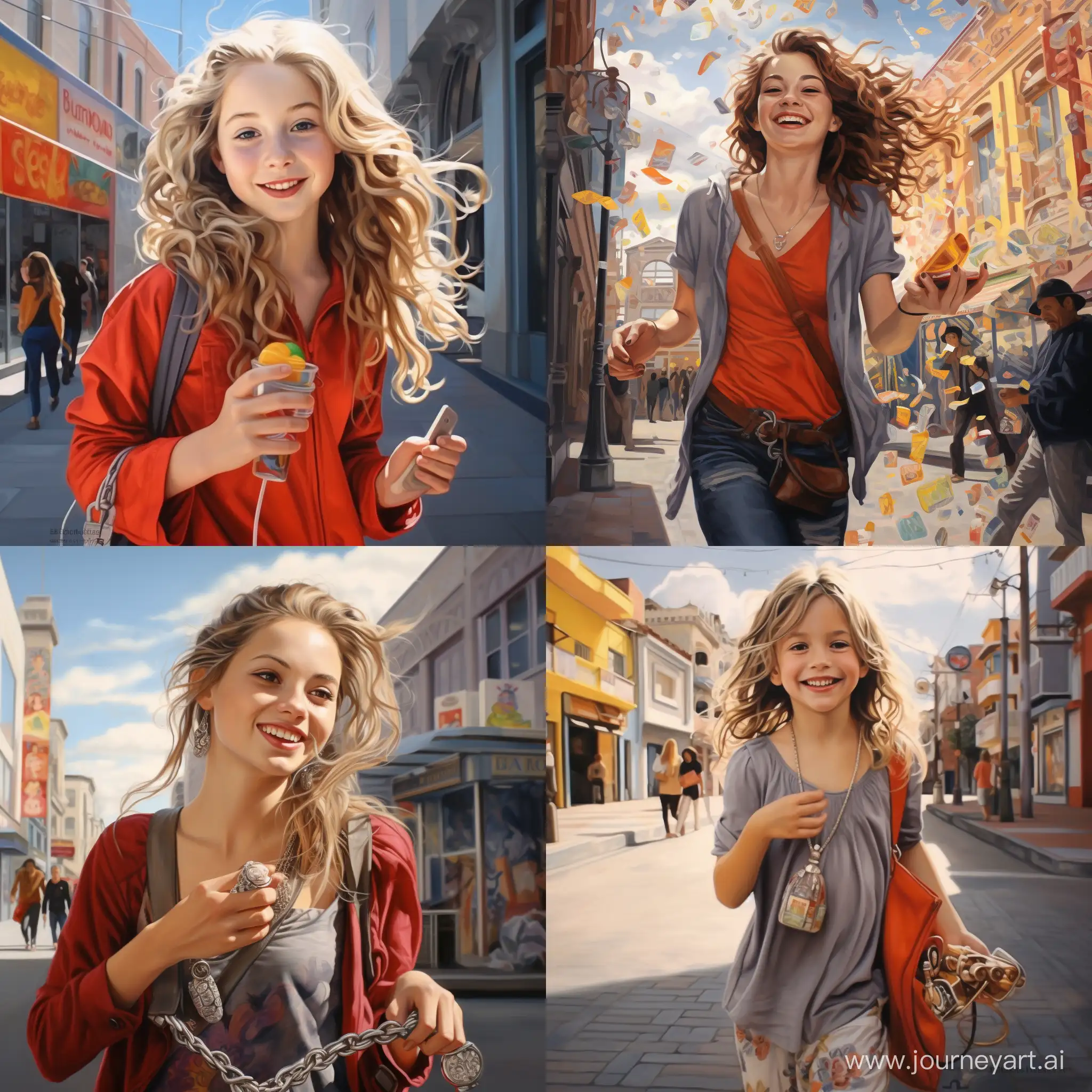 happy girl walking on the street  puts small silver tube in her purse, bright colors, photorealism, detailed