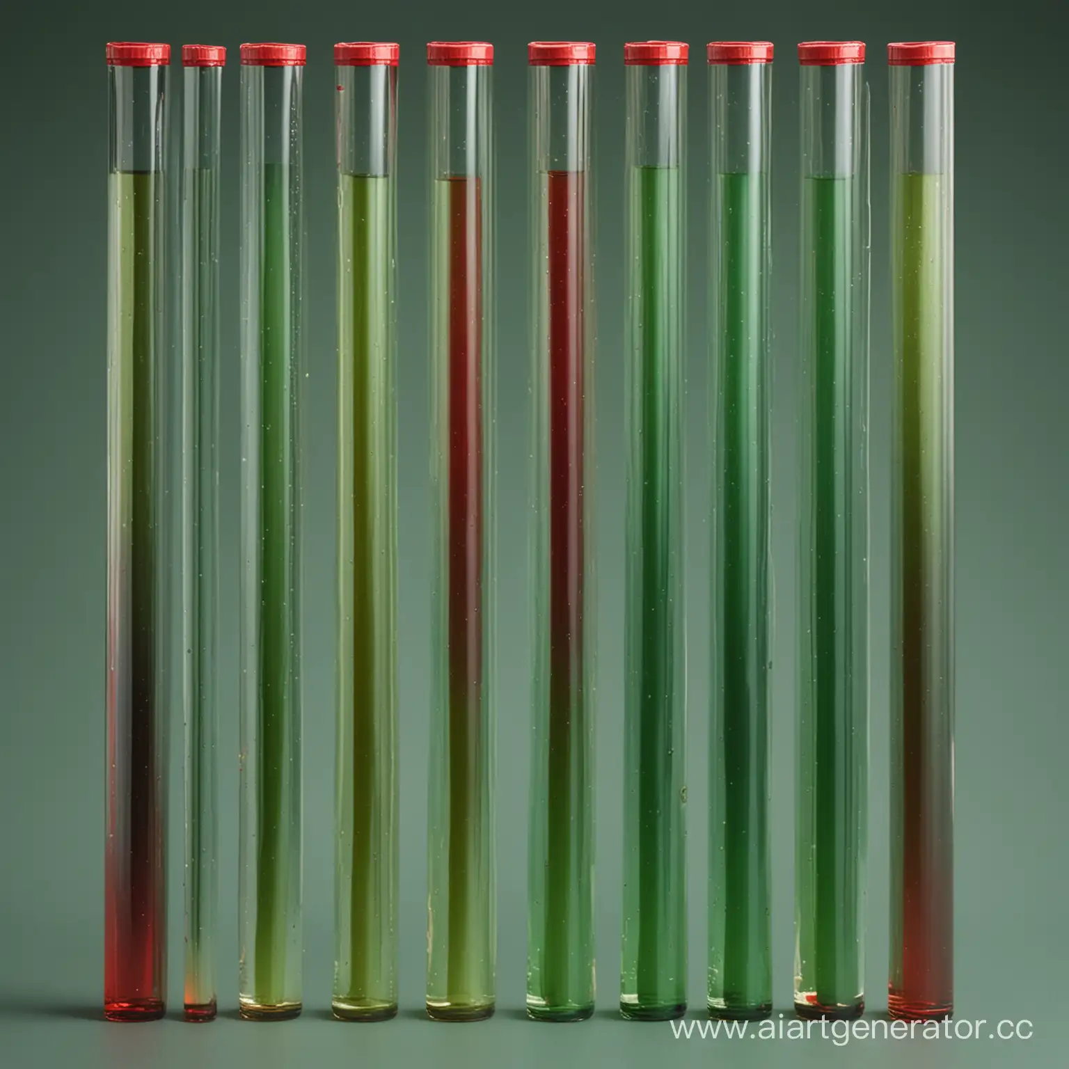 восемь ровных трубок с жидкостью зеленого и красного цветов, заполненных последовательно, в разных пропорциях от большего к мменьшему