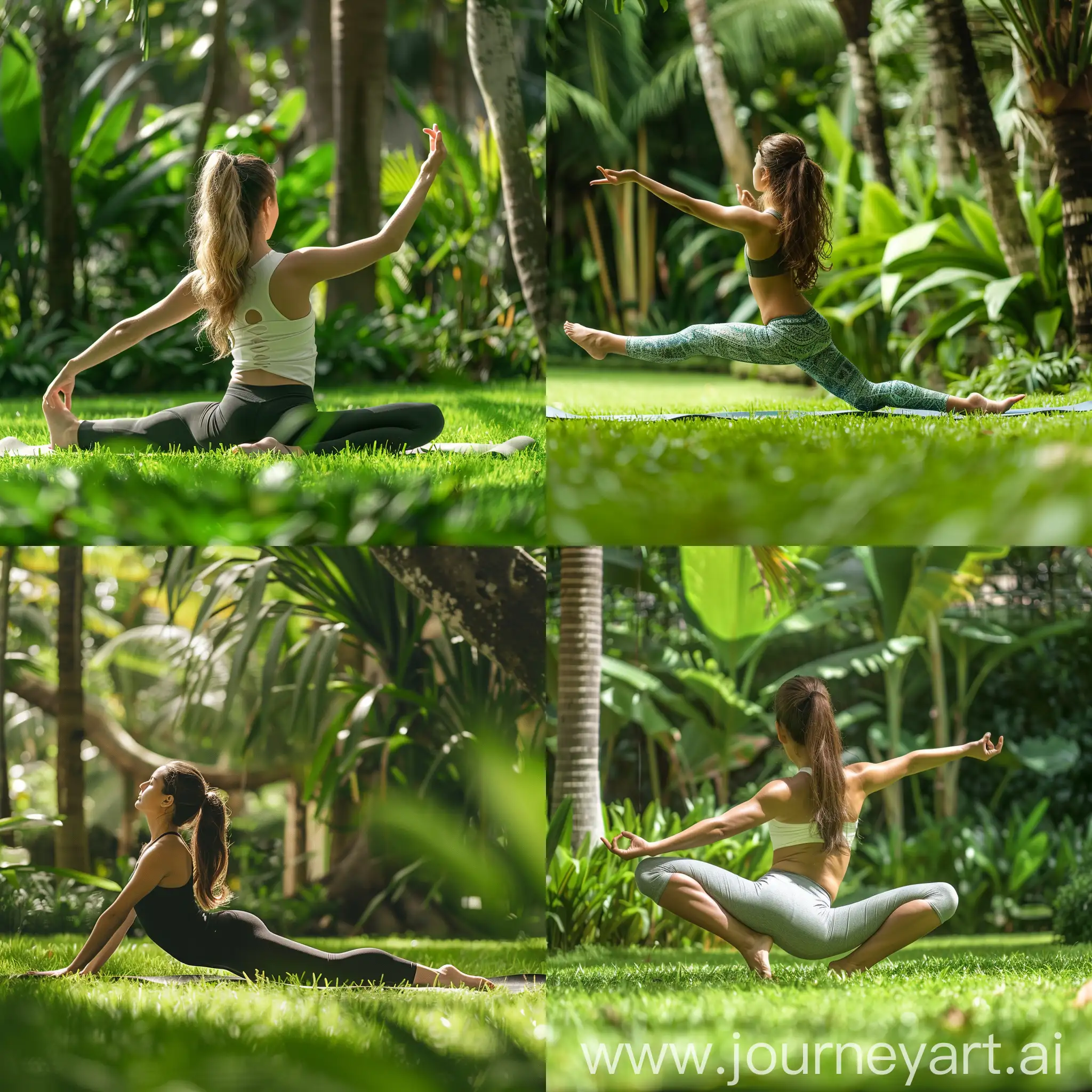 在郁郁葱葱的草地上，穿着瑜伽服的女生在展示着瑜伽动作，舒展着身体线条