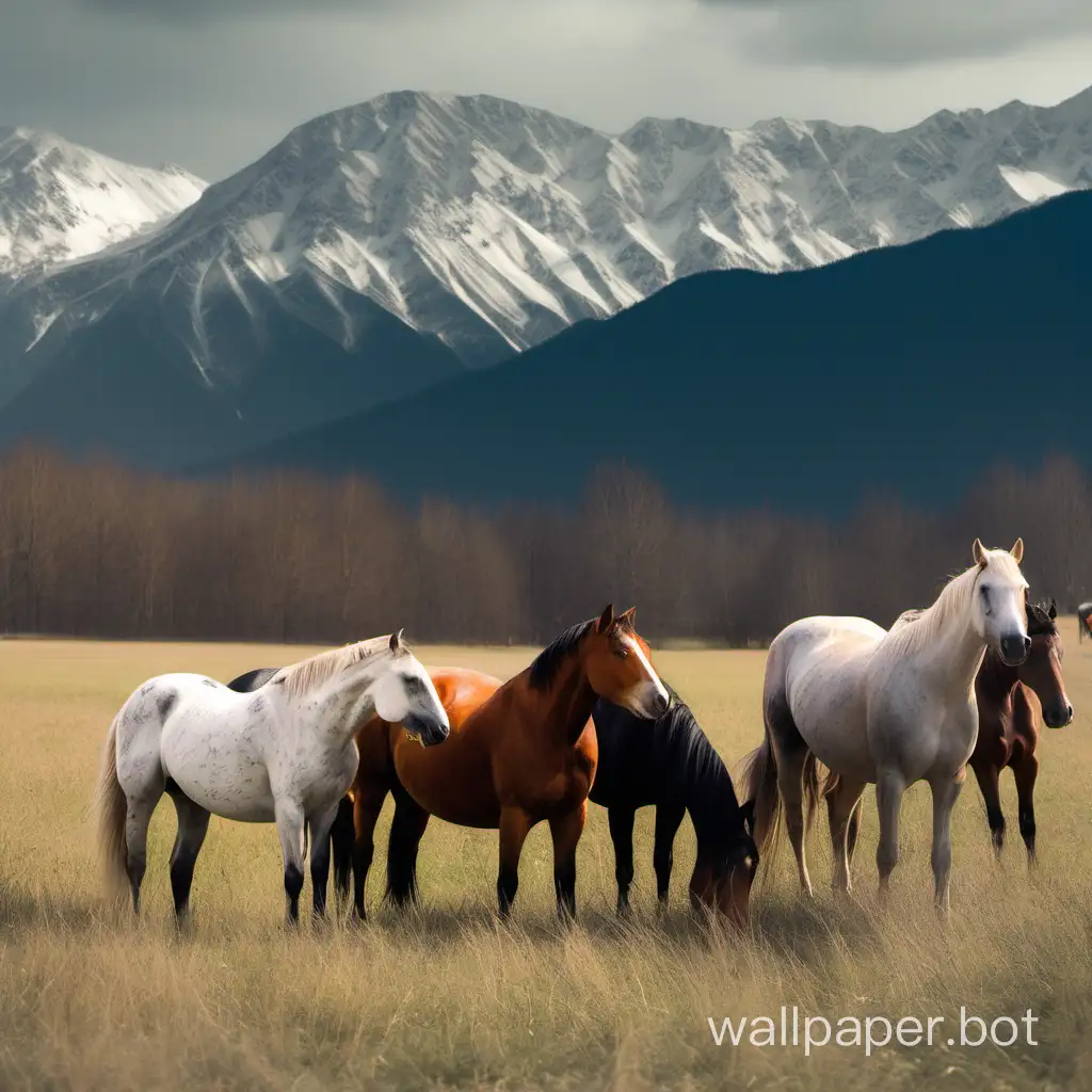 horses in the field are at the foot of mountains