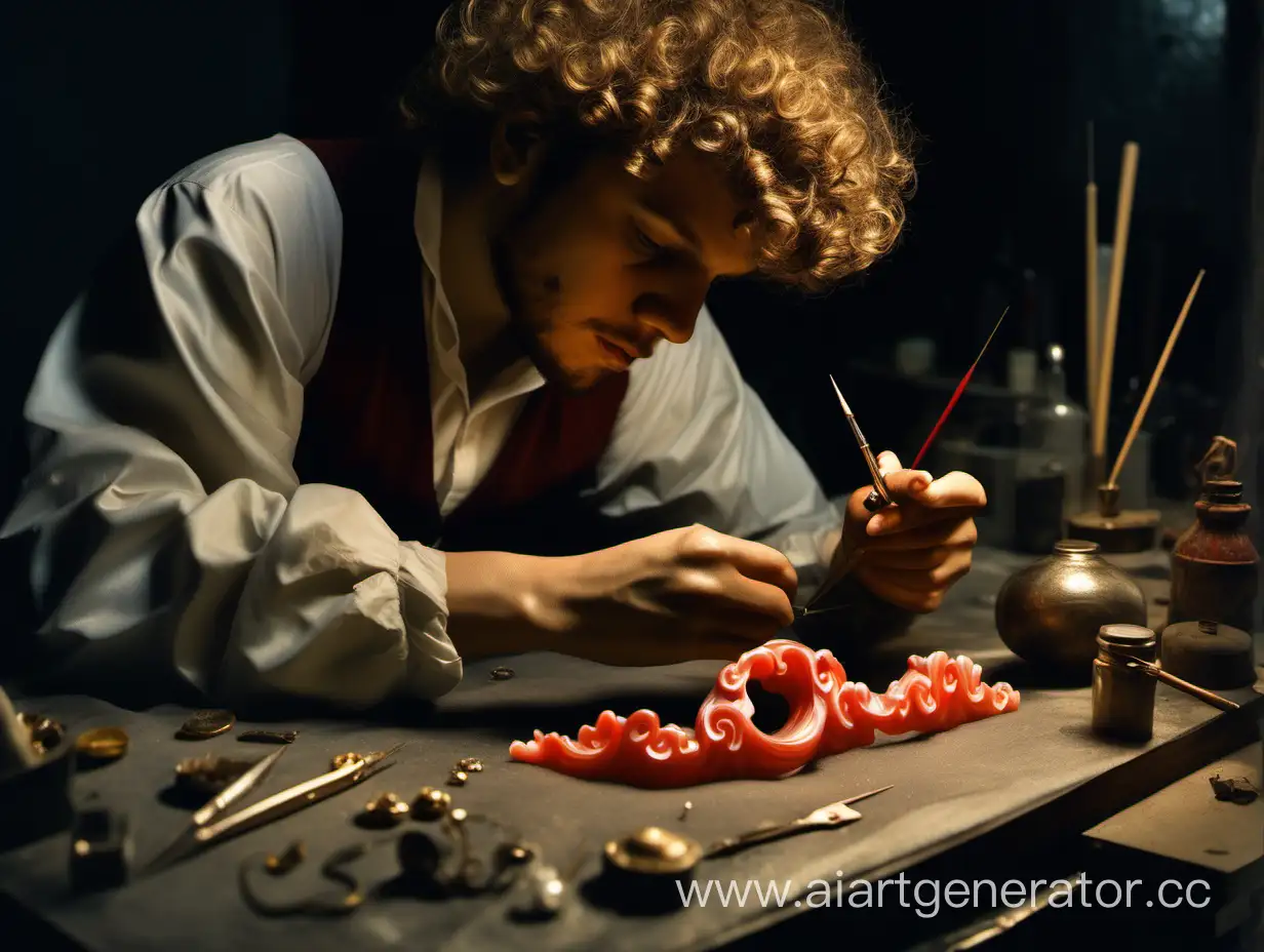 the process of carving a wax model of a piece of jewelry, a young curly-haired jeweler at a table, dim light, oil painting in the style of Rubens