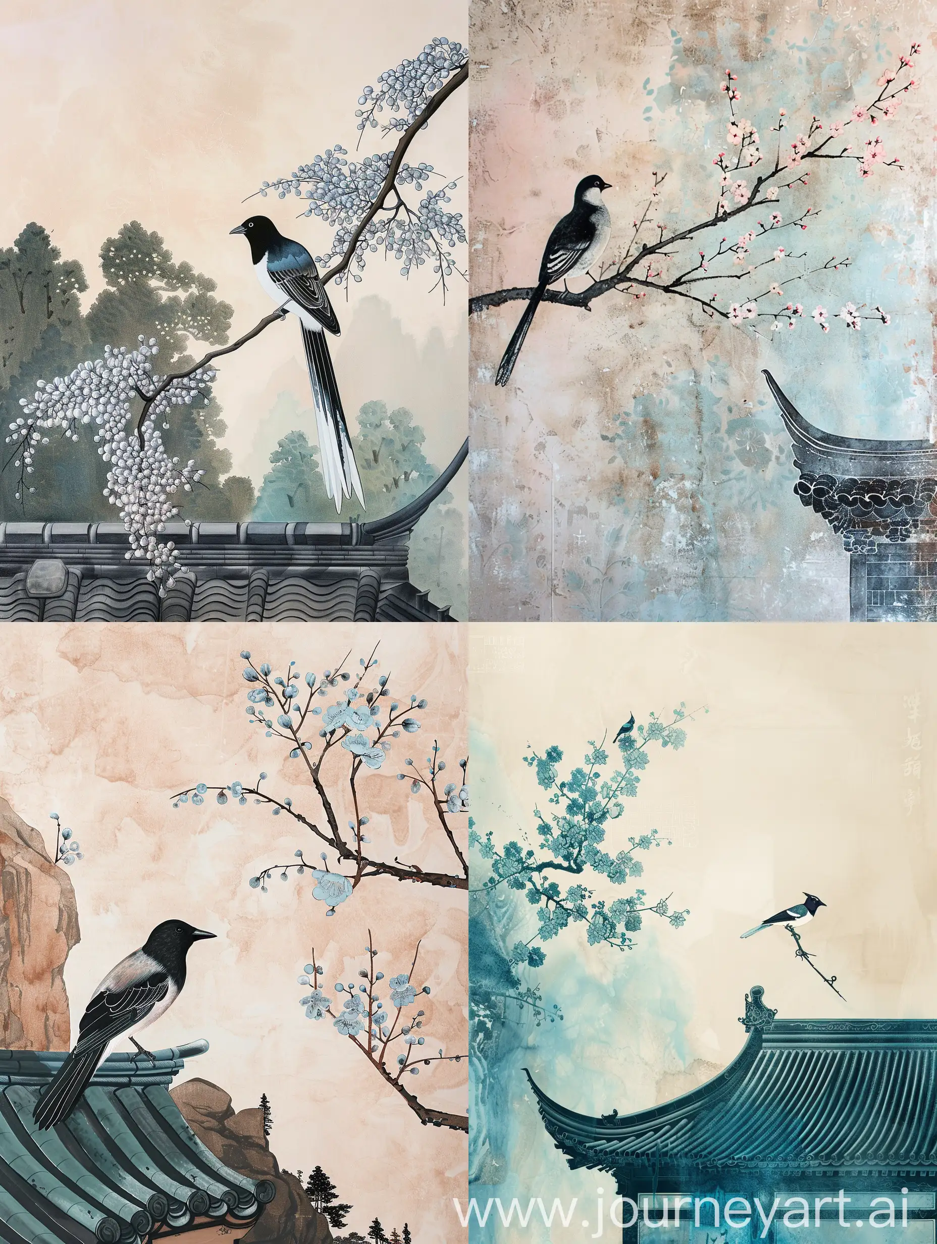 Song Dynasty Mural , Heian Period, Zen, Cyan Light Beige style, Chinese eaves,  magpie
Historical painting, ultra-fine Details, Meticulous Style, New Chinese Style, landscape painting, Symmetrical composition