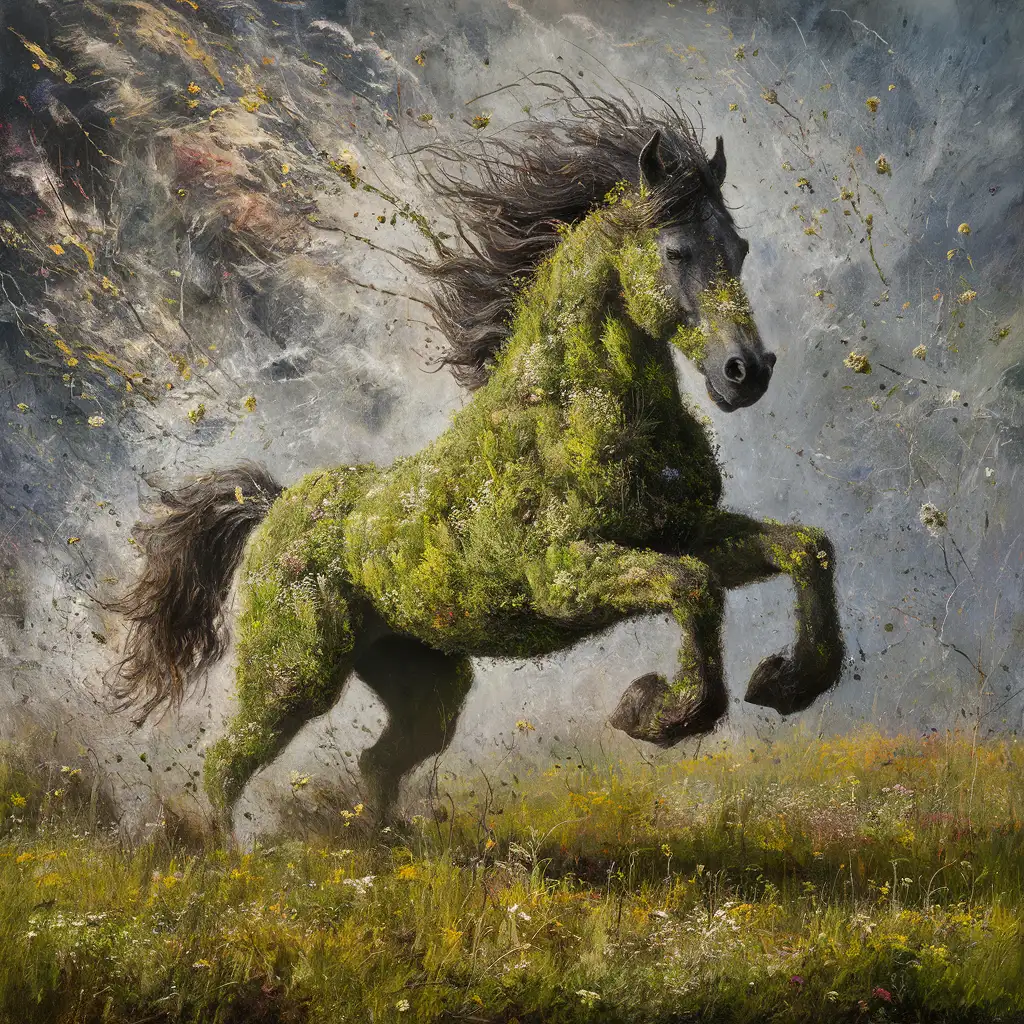a horse made of wild flowers, grass, bushes and trees are rising above the ground, mounting, takes charge to set off with a giant leap, oil painting, strong brush strokes, jackson pollok style