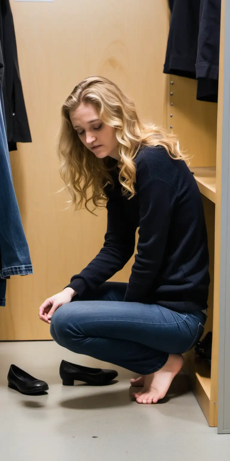 Young Woman in Casual Attire Searching for Shoes in Changing Room