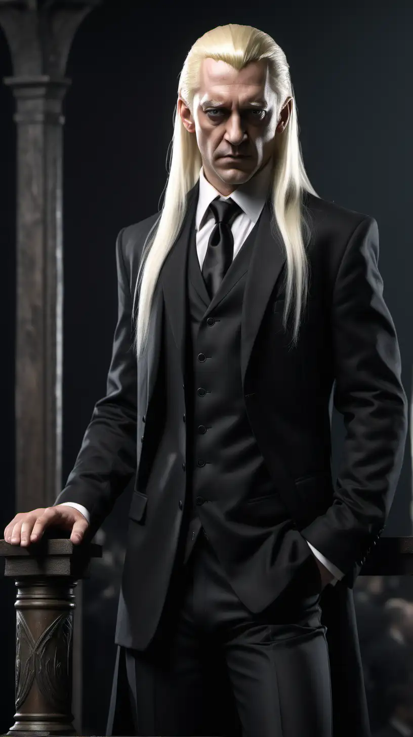 Lucius Malfoy, dressed in suit with white shirt and black necktie, standing on  a tribune, hyper-realistic