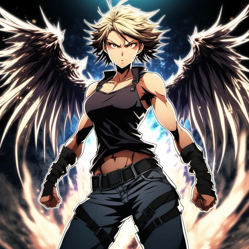 anime woman, tall, buff, half demon, half angel, determined expression, angry, high energy, intimidating, braided hair, short hair, full body, dynamic pose, charging magic