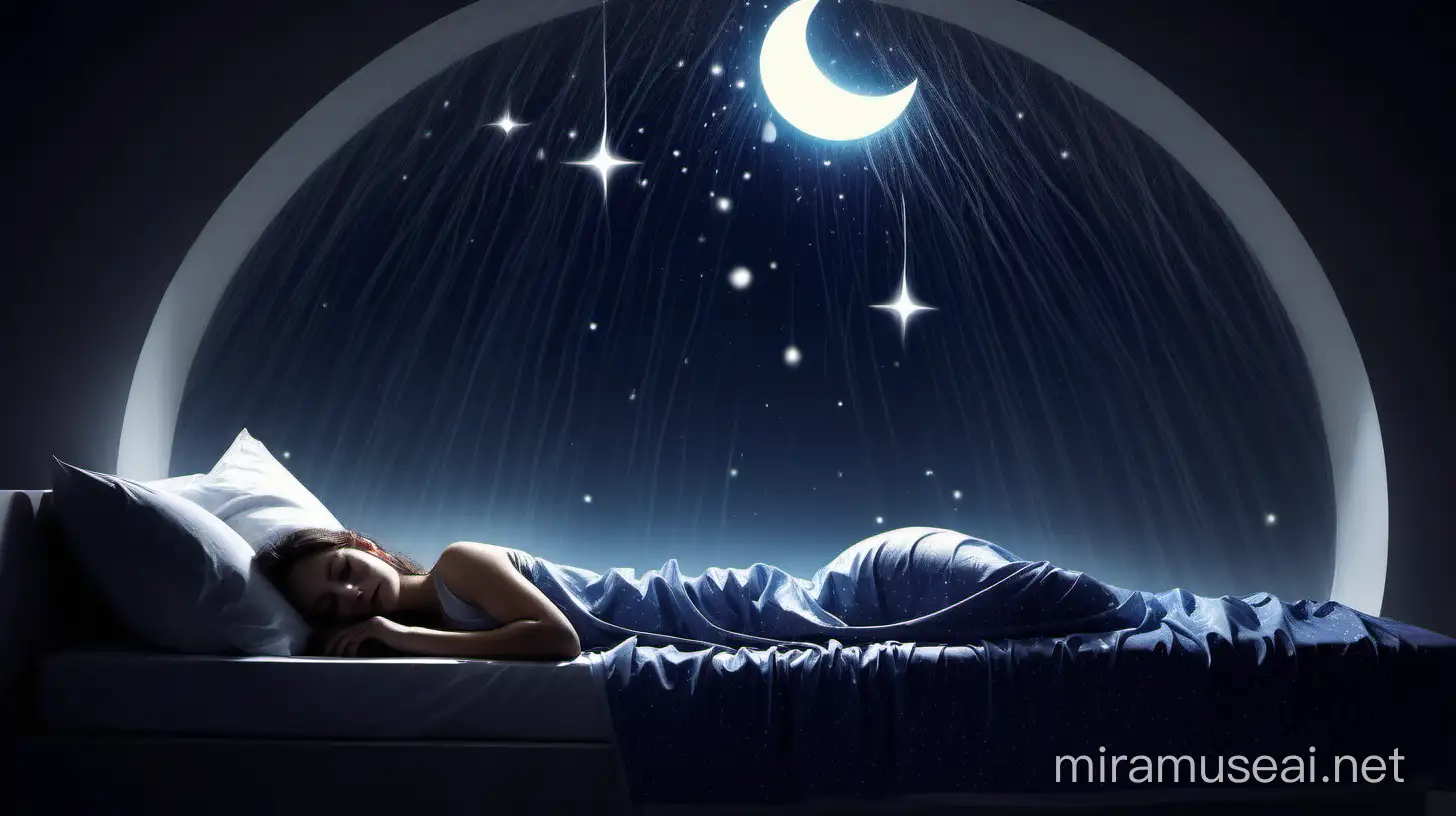 Wanita tidur malam hari terlihat bulan dan bintang dan hujan