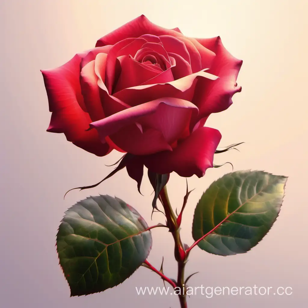 Одна нежная распускающаяся роза алая масляными красками на светлом фоне