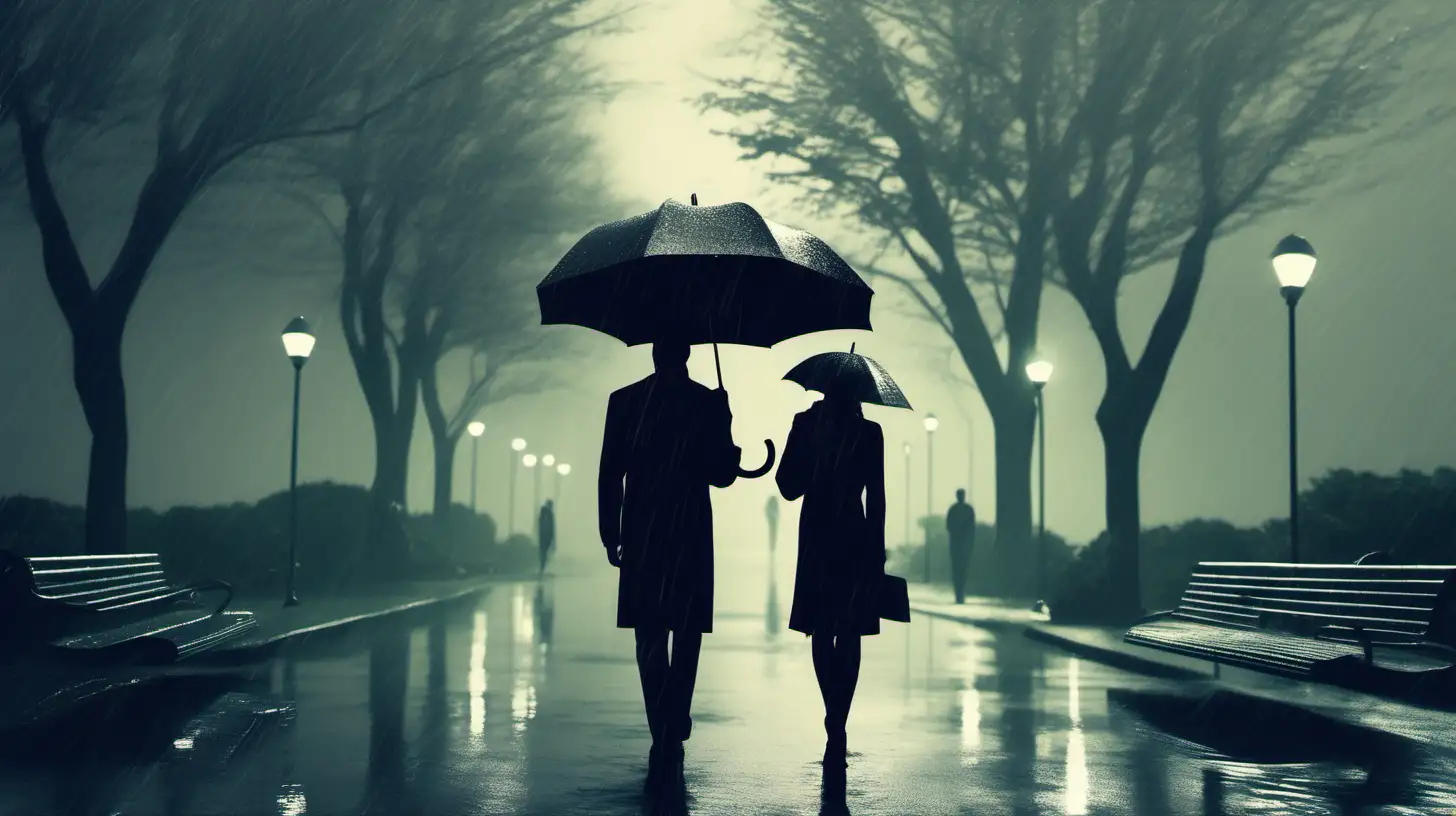 Futuristic Film Noir Couple in City Park with Umbrella