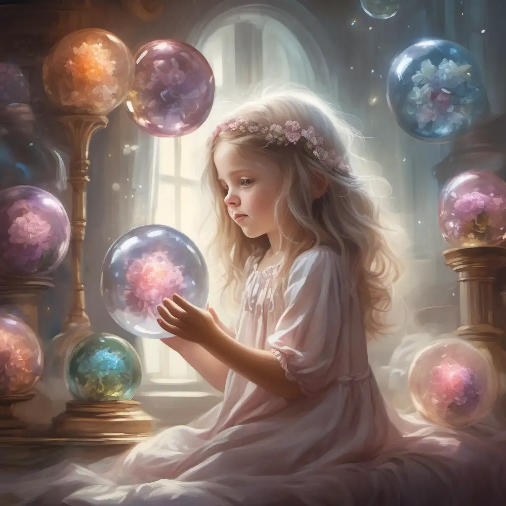Little girl surrounded by crystal orbs, she has flowers in flowing massive hair, she is looking at the orb that she is holding, she is wear a delicate chafon nightgown 