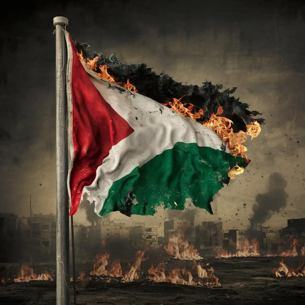 Супер реалистичный  флаг палестины в костре. флаг  грязный, тлеющий, рваный, уничтоженный. На фоне разрушенный и горящий город Палестины
Больше акцента на флаге