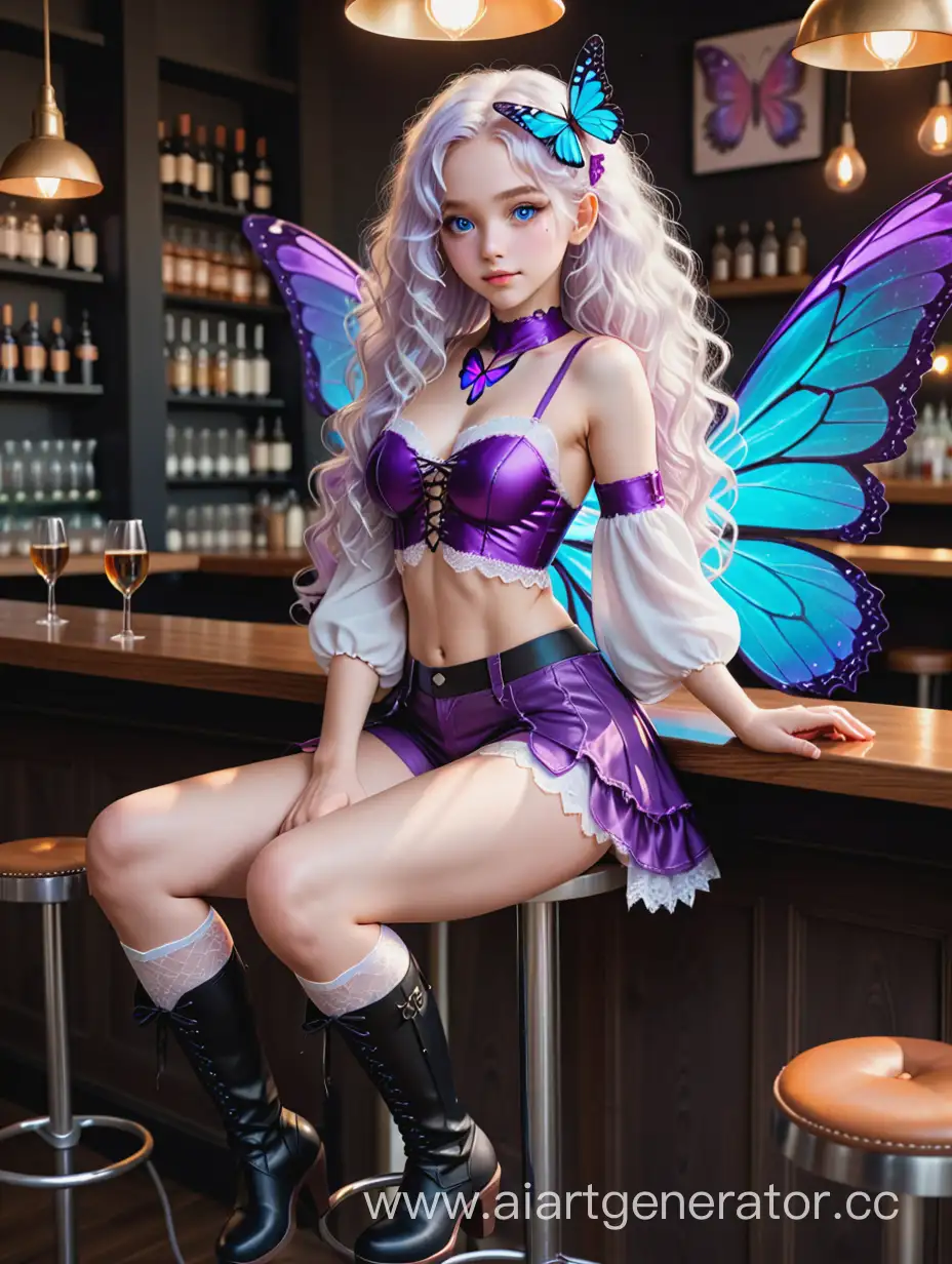 Cyborg girl is a fairy with purple butterfly wings. She has long white curly hair, blue eyes. She's sitting on a bar stool. She is wearing short shorts with lace, a top and high boots.