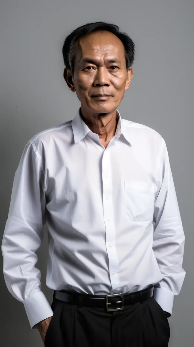 a 60 year old south east asian man with skinny slim figure, black short thin sleek hair, full face big forehead, wearing white shirt untucked, standing 