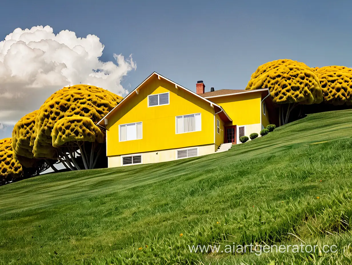 Scenic-View-of-Yellow-House-on-Grassy-Hill