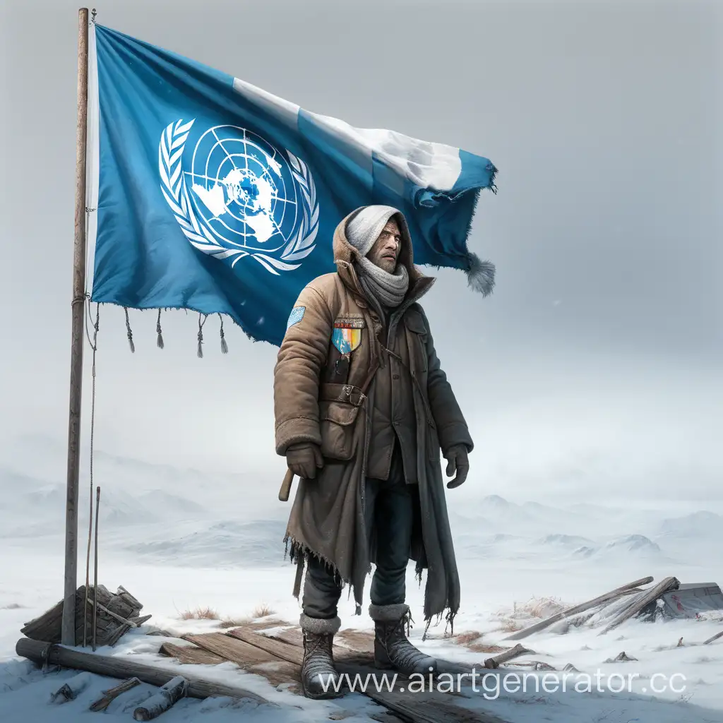 Survivor-in-Tattered-Winter-Clothing-with-UN-Flag-on-Heights