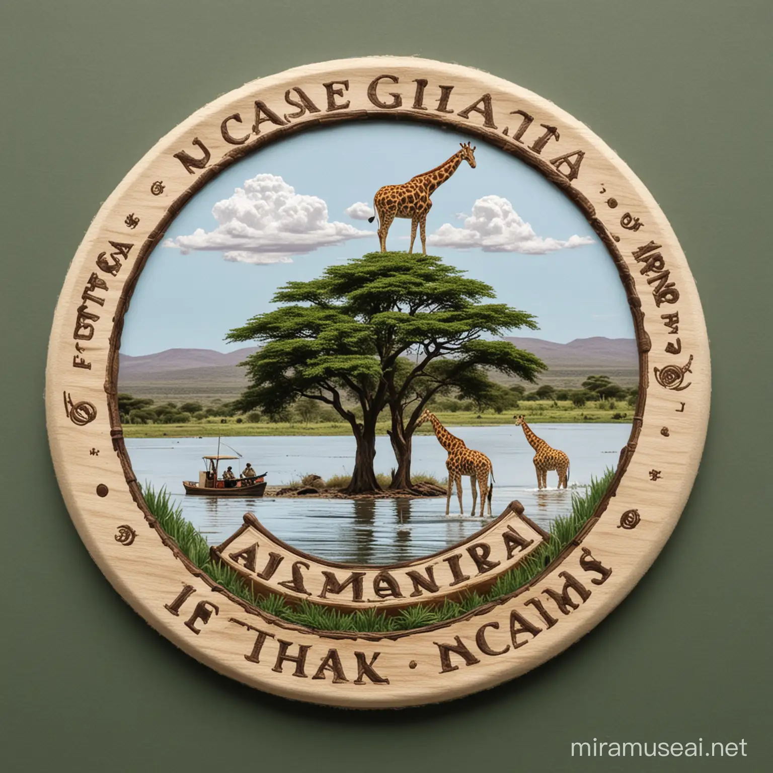 imagine/ a symbol a round logo of eco-safaris that will have an acacia tree a giraffe eating its leaves and it beside a lake hippopotamus  opening it mouse wide in kenyan setup name i s lake naivasha boat riders

