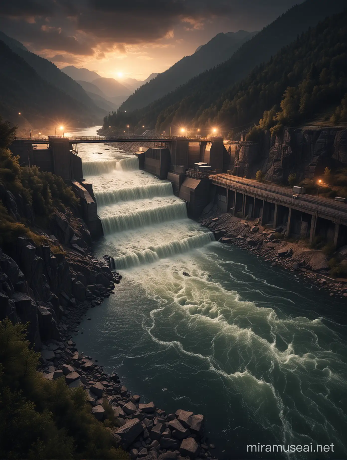 Impressive Night View of Abandoned Hydroelectric Plant with Flowing Water