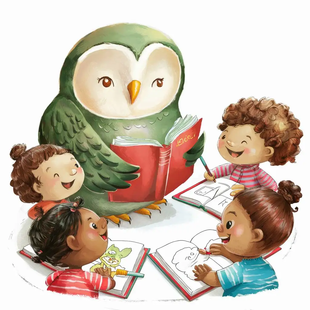 добрая зеленая сова учит детей английскому языку по книжкам дети улыбаются и рисуют