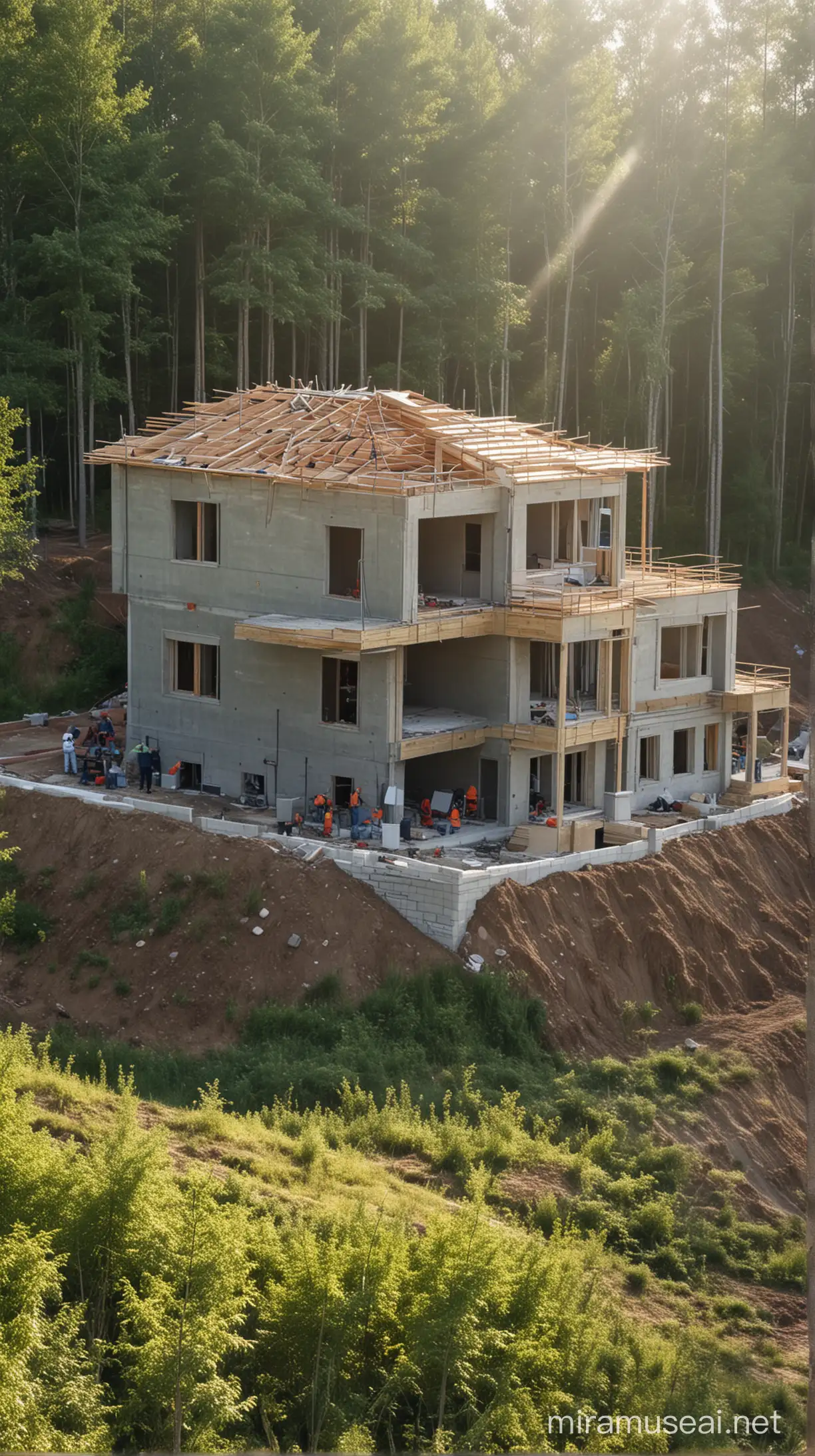 Строительство частного дома на завершающей стадии, зеленый лес, солнце,  дом виден полностью