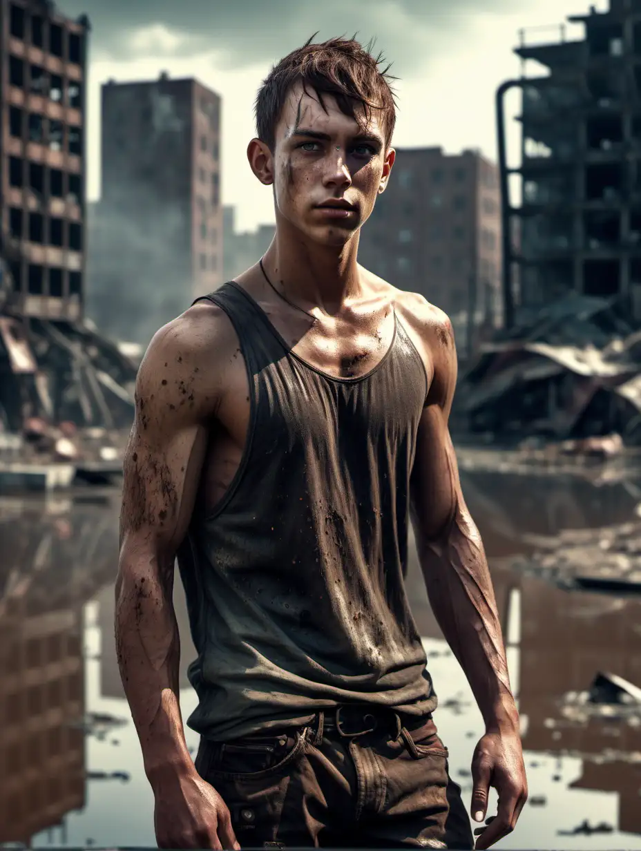 A slim but slightly muscly male figure, mid height, brown hair shaved on one side, handsome young, freckly face, tanned skin, standing in a post apocalyptic city, next to a pond, he can wield the water around him like magic. 