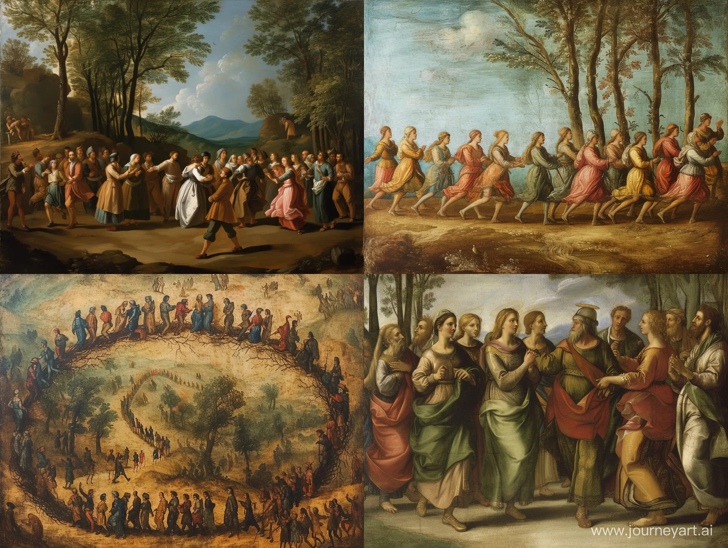 people following each other and forming communities, baroque artstyle, painting